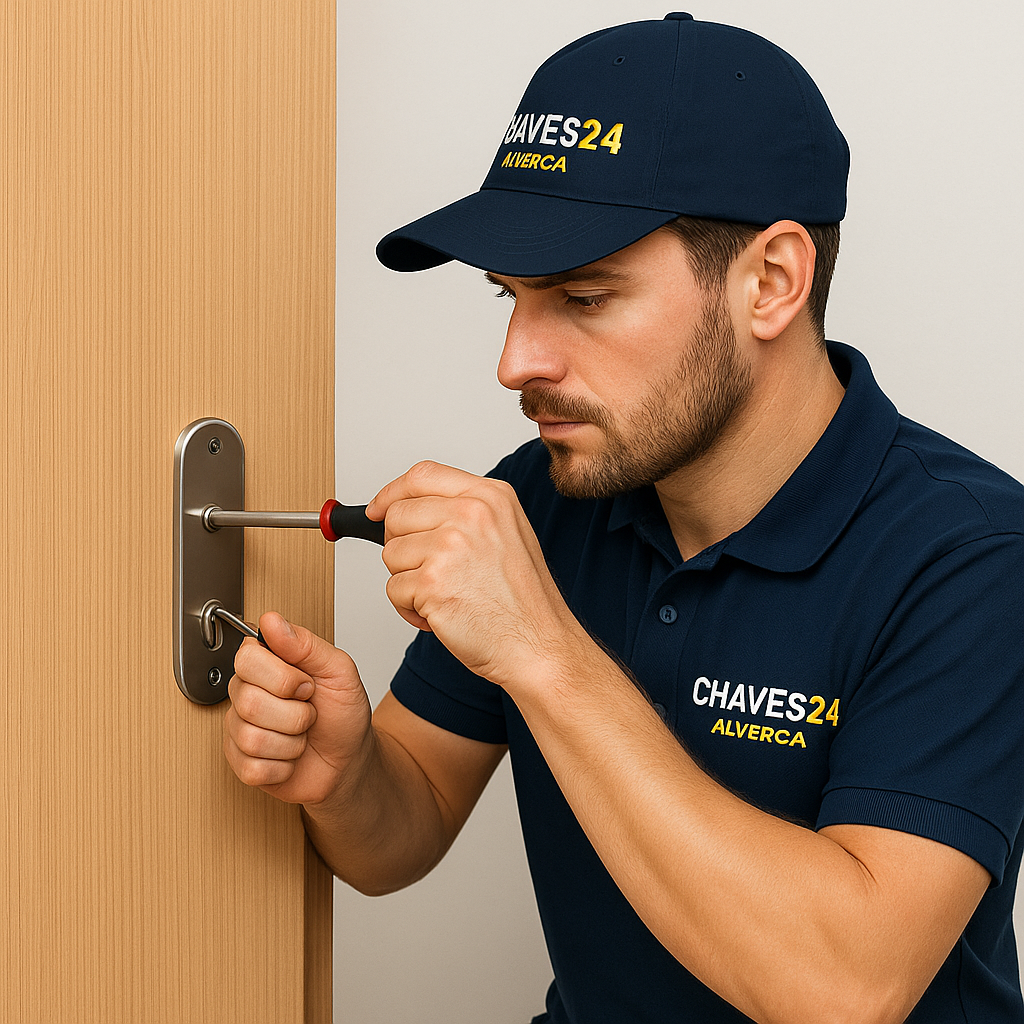 Técnico CHAVES24 Alverca a abrir uma porta em Alverca